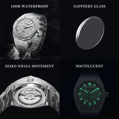 CADISEN-relojes automáticos para hombre, de acero inoxidable, NH35A, mecánico, de pulsera, Masculino