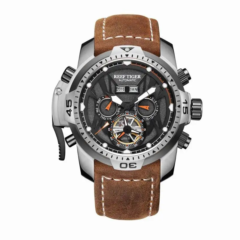 Reef Tiger Mens Automatic Watches Male Military Watch Sport Mechanical Wristwatch Leather Strap Sapphire Skeleton Dial RGA3532