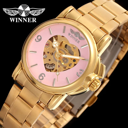 Brand Winner Watch Women Heart-shaped Watches Skeleton Luxury Gold Full Steel Automatic Mechanical Wristwatches Reloj Mujer 2020