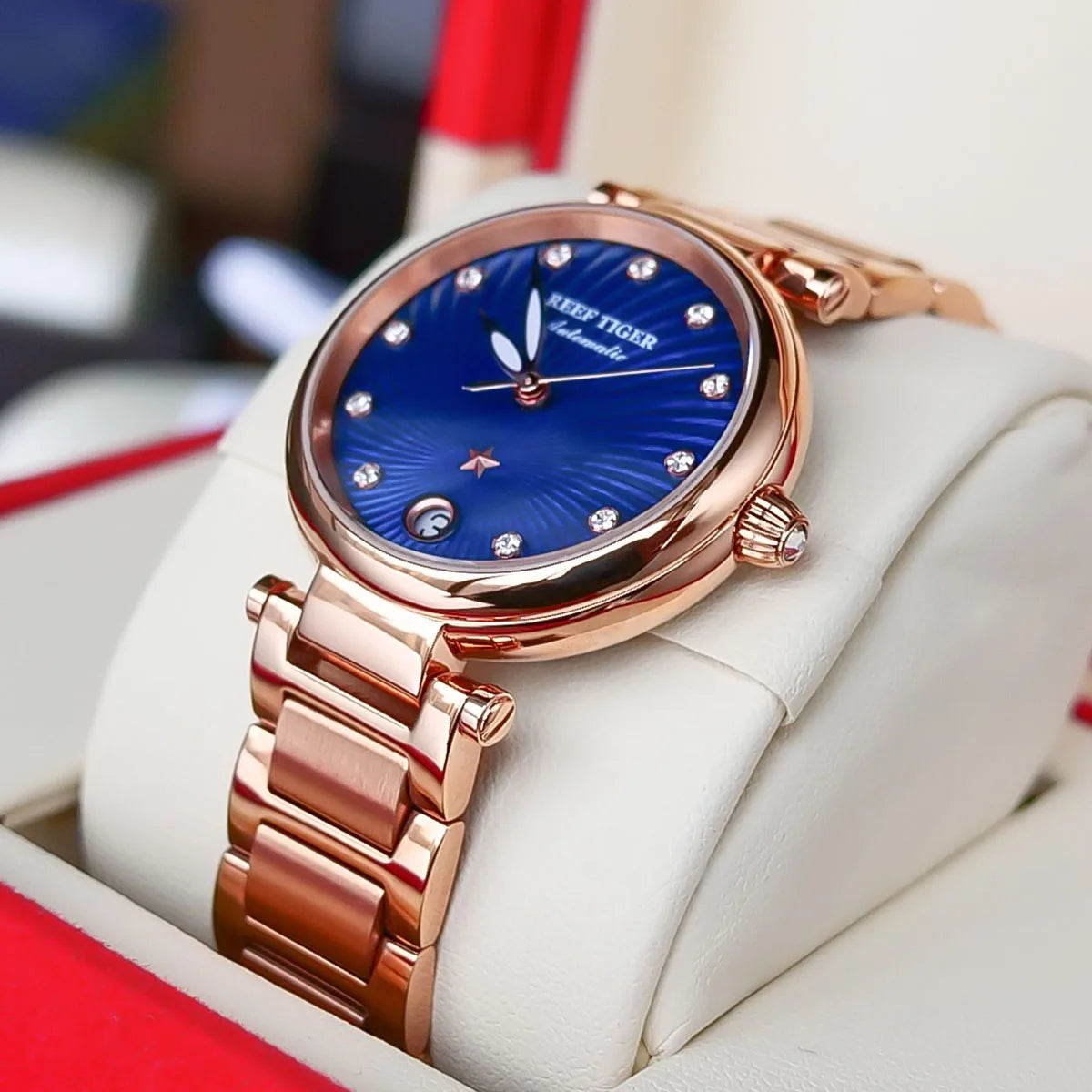 Reef Tiger/RT New Design Luxury Rose Gold Watch Blue Dial Automatic Watches Women Diamond Bracelet Watch reloj mujer RGA1590