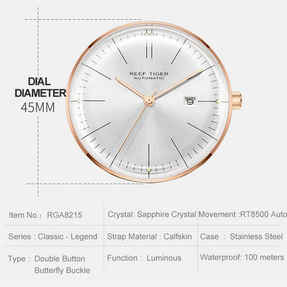 リーフ タイガー メンズ 自動巻き腕時計 高級メンズ ドレスウォッチ 超薄型機械式腕時計 凸レンズ スチールストラップ 日付 RGA8215