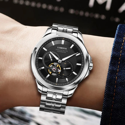 Reloj Automático LOBINNI para hombre, relojes de lujo para hombre, reloj de pulsera mecánico de moda, cristal de zafiro, esfera con mecanismo al descubierto, correa de acero