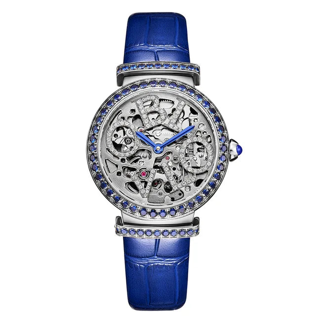 OBLVLO, relojes automáticos para mujer, marca de lujo, reloj de pulsera mecánico a la moda para mujer, correa de cuero de zafiro de cristal de Austria