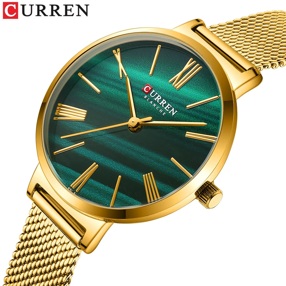 Relojes CURREN para mujer, reloj de pulsera de acero inoxidable de cuarzo Simple de lujo, reloj de pulsera clásico elegante dorado con dije