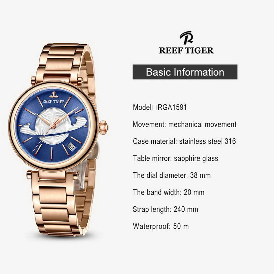 Reef Tiger-relojes automáticos para mujer, relojes de pulsera mecánicos de lujo a la moda para mujer, reloj de vestir con correa de acero de zafiro RGA1591