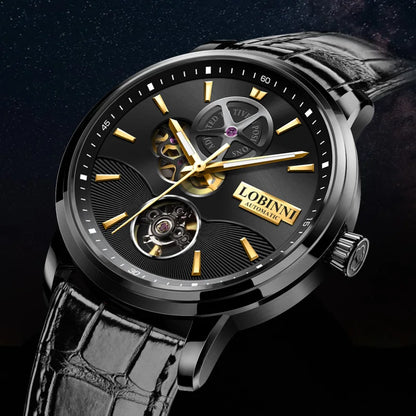 LOBINNI Mens Automatic Watches Male Luxury Watch Waterproof Mechanical Wristwatch Luminous Sapphire Skeleton Dial Leather Strap