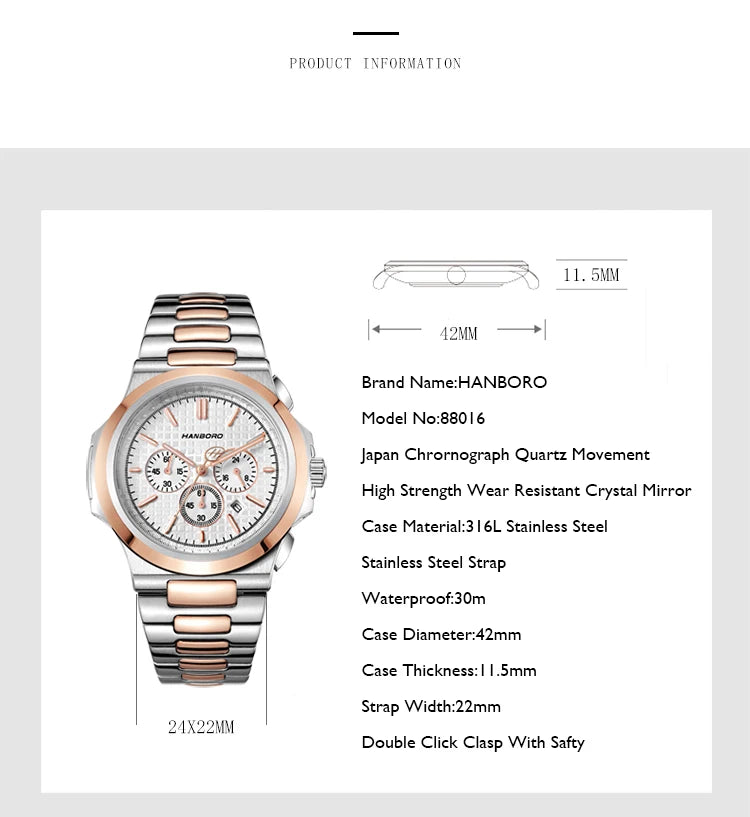 HANBORO メンズクロノグラフウォッチ 高級メンズクォーツウォッチ ビジネス腕時計 防水 スチールストラップ 自動日付