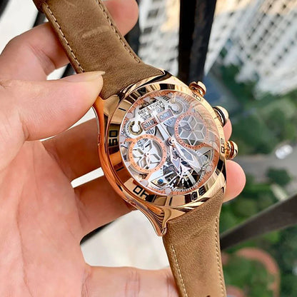 Reef Tiger relojes automáticos con mecanismo a la vista dorado rosa de lujo Tourbillon relojes con correa de cuero reloj deportivo resistente al agua para hombres RGA703