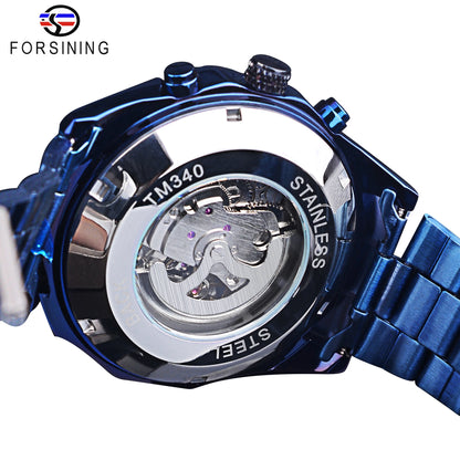 Forsining Mechanical Men's Wristwatch Skeleton Hollow Automatic Watch 3Bar Stainless Steel Men Watches Blue Fashion Reloj Hombre