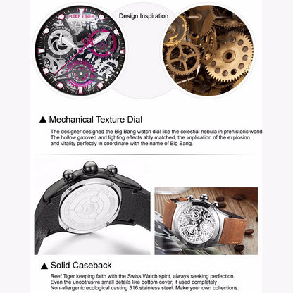 Reef Tiger Mens Chronograph Watches Men Fashion Watch Male Sport Quartz Wristwatch Luminous Skeleton Dial  Leather Strap RGA792