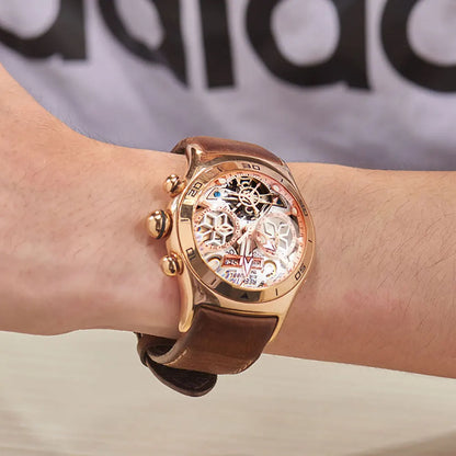 Reef Tiger relojes automáticos con mecanismo a la vista dorado rosa de lujo Tourbillon relojes con correa de cuero reloj deportivo resistente al agua para hombres RGA703