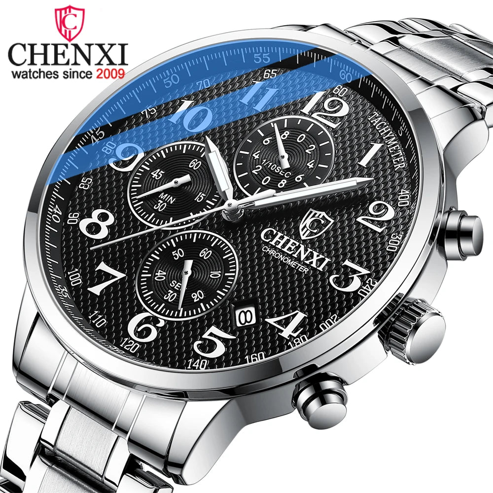 CHENXI, relojes para hombre de la mejor marca, correa de acero inoxidable, reloj de cuarzo con cronógrafo luminoso resistente al agua para negocios, reloj de pulsera deportivo para hombre