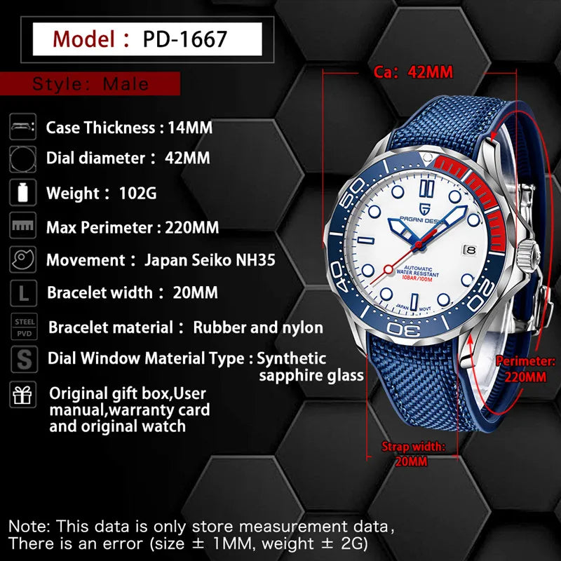 New PAGANI DESIGN Men&#39;s Watches Men Automatic Luxury Waterproof Sapphire Glass Leather Rubber WristWatches Relogio Masculino