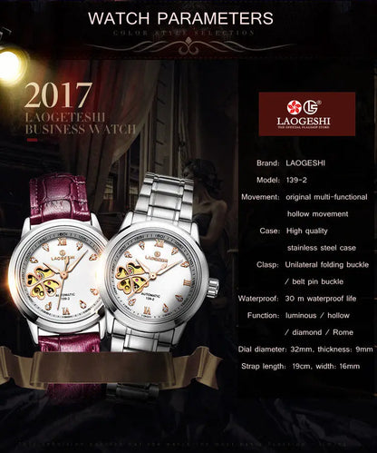 Relojes mecánicos automáticos para mujer, relojes de pulsera con trébol de cuatro hojas y diamantes, reloj de cuero rosa para mujer, resistente al agua Senhoras Assistir