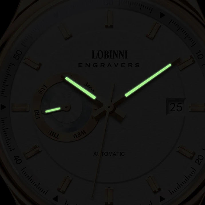 Relojes LOBINNI automáticos para hombre, reloj de lujo para hombre, reloj de pulsera mecánico, resistente al agua, correa de cuero de zafiro luminoso, fecha de la semana