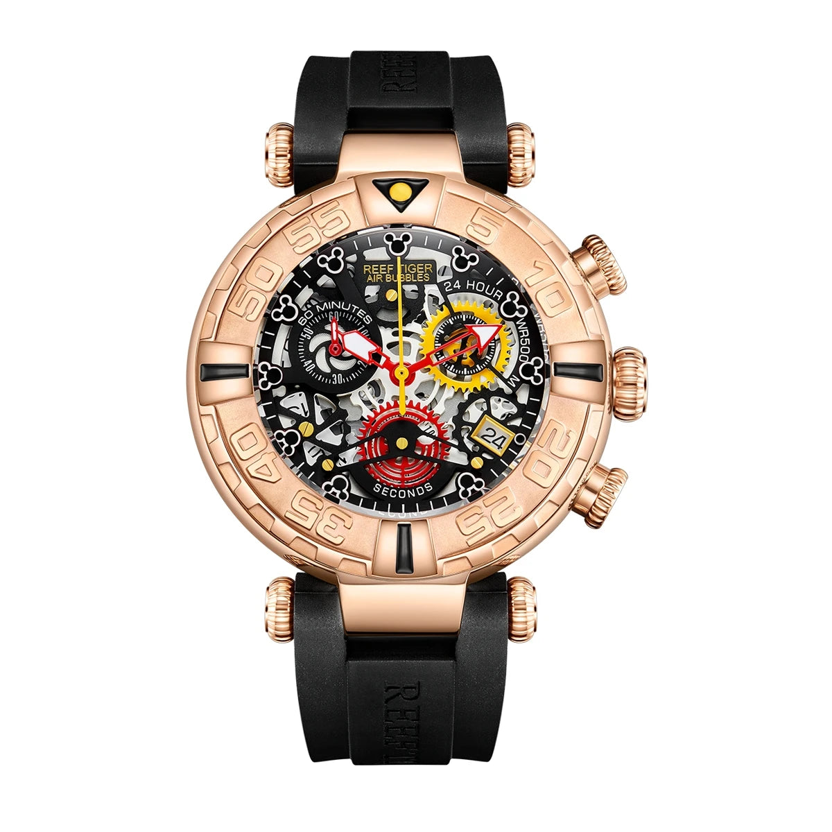 Reef Tiger-relojes cronógrafo para hombre, pulsera de cuarzo a la moda, resistente al agua 100m, esfera con mecanismo al descubierto, correa de goma, RGA3059-S