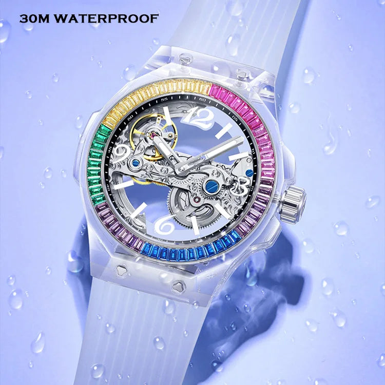 HANBORO, reloj automático para mujer, relojes de lujo para mujer, cristal austriaco, reloj de pulsera mecánico luminoso resistente al agua, correa de silicona