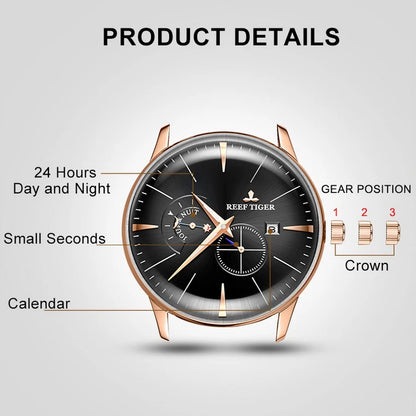 Reef Tiger Mens Automatic Watches Luxury Male Fashion Watch Ultrathin Mechanical Wristwatch Bubble Mirror Leather Strap RGA8219