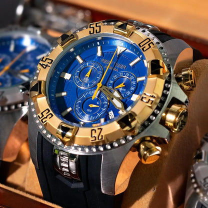 Reef Tiger/RT reloj superluminoso de acero y oro amarillo, relojes deportivos de cuarzo para hombre, cronógrafo y fecha, relojes automáticos RGA303