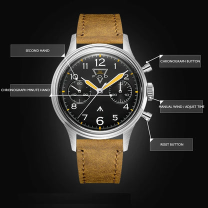 Merkur-relojes cronógrafo para hombre, pulsera mecánica de viento Manual de piloto de lujo, zafiro deportivo, resistente al agua hasta 30M, luminoso, ST2901