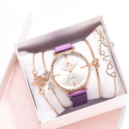 Women‘s Watch Set 5pcs Simple Rhinestone Ladies Watches Luxury Woman Wristwatch Magnetic Mesh Purple New zegarek damski relogios