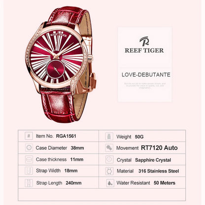 Reef Tiger-relojes automáticos para mujer, reloj de pulsera mecánico de lujo a la moda, con espejo de zafiro y diamante, correa de cuero RGA1561