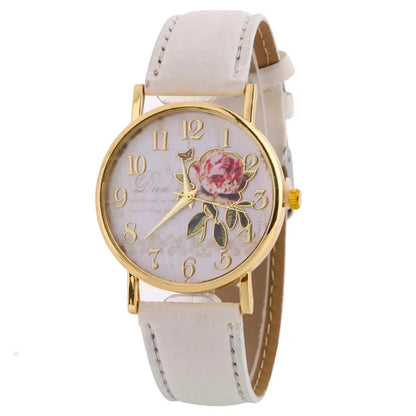 Reloj de pulsera de cuarzo con flor rosa y diámetro redondo para mujer, relojes elegantes con banda de piel sintética, número árabe, regalo de Navidad