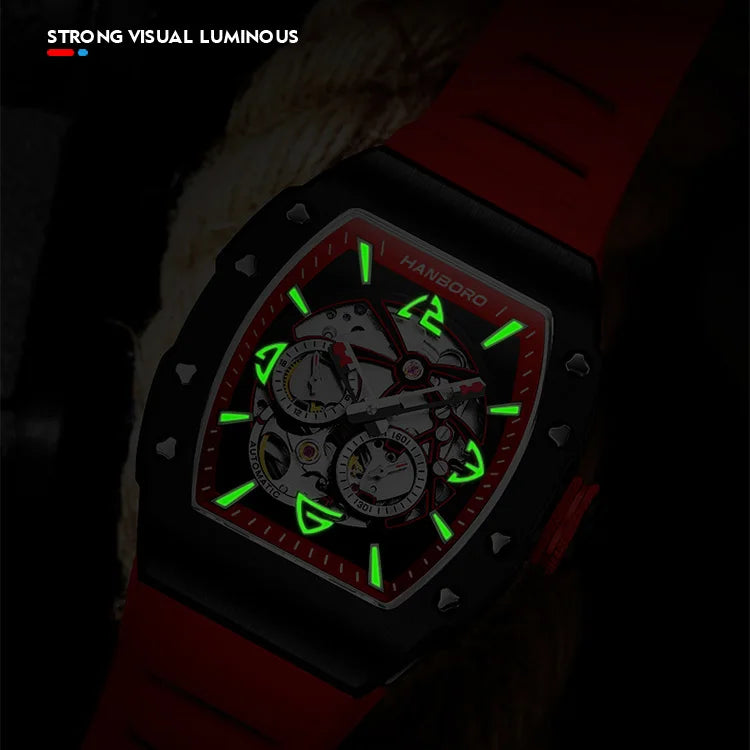 HANBORO Men Automatic Watch Luxury 50M Waterproof Luminous Fashon Self Wind Mechanical Wristwatch Rubber Strap Tonneau Case Punk