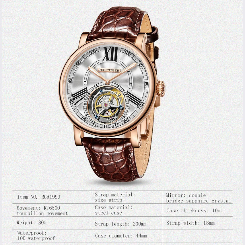 Reef Tiger Mens Tourbillon Watches Luxury Automatic Wristwatch Waterproof Skeleton Dial Leather Strap Sapphire Mirror RGA1999