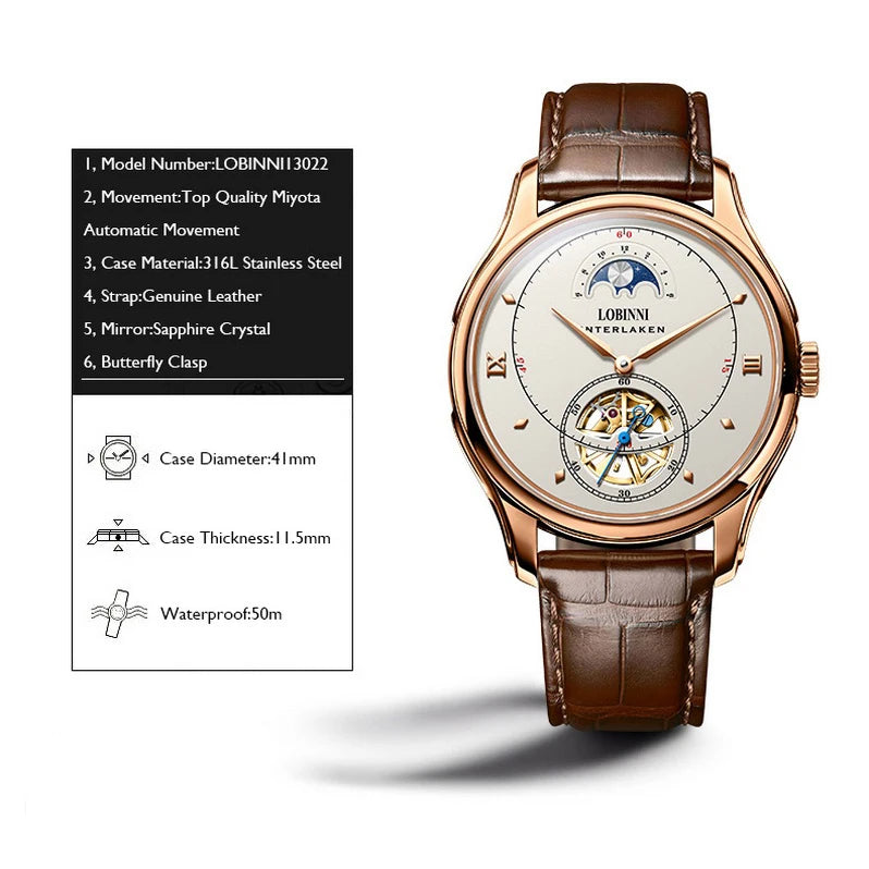 LOBINNI Mens Automatic Watches Male Luxury Watch Self Wind Mechanical Wristwatch Waterproof Sapphire Mirror Skeleton Dial