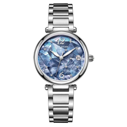 Reef Tiger/RT nuevo diseño de lujo de acero inoxidable esfera azul relojes automáticos mujeres reloj de diamantes RGA1584