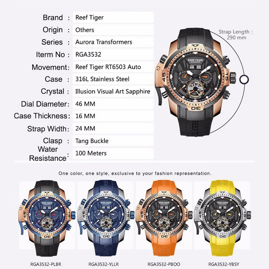 Reef Tiger Mens Automatic Watches Men Military Watch Sport Mechanical Wristwatch Steel Strap Sapphire Skeleton Big Dial RGA3532