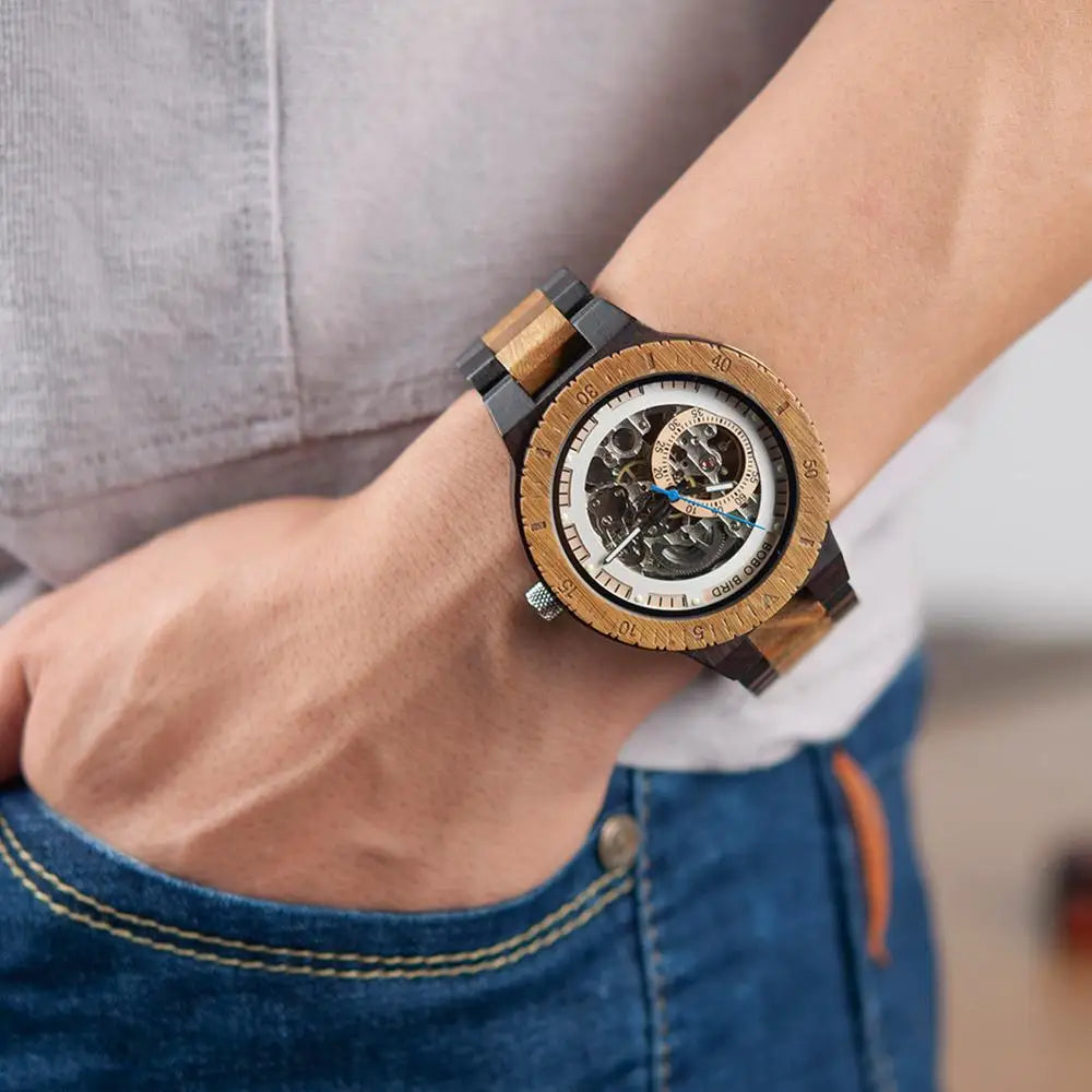 BOBO BIRD reloj mecánico automático de sándalo hueco para hombre, reloj de pulsera con caja de madera, envío directo personalizado