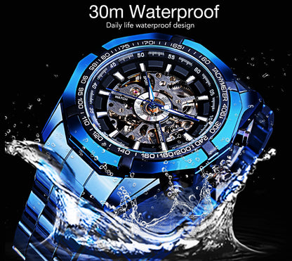 Forsining Mechanical Men's Wristwatch Skeleton Hollow Automatic Watch 3Bar Stainless Steel Men Watches Blue Fashion Reloj Hombre