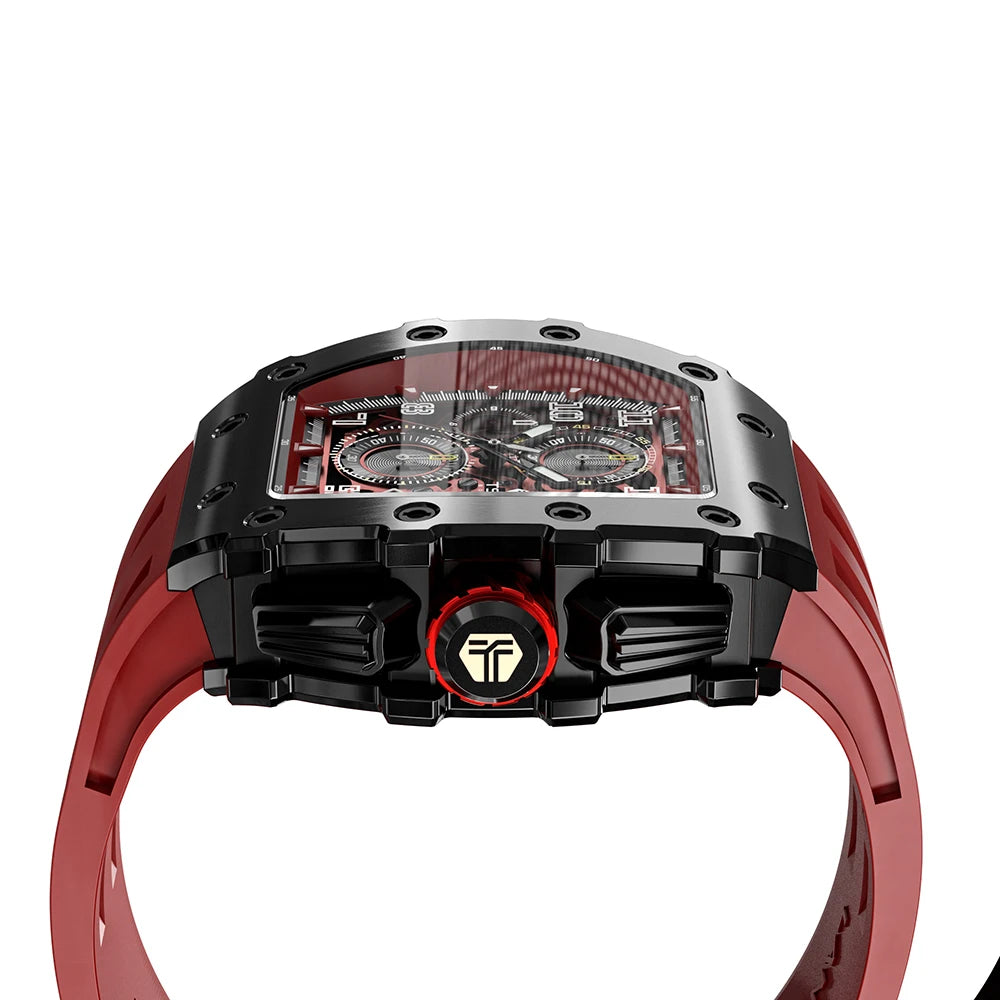 Relojes TSAR BOMBA Tonneau para hombre, reloj de pulsera rojo con cristal de zafiro, cronógrafo resistente al agua, reloj con fecha, regalo de Navidad de lujo para hombres