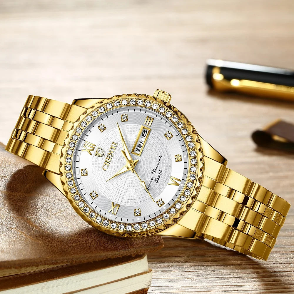 CHENXI, reloj de lujo de acero inoxidable dorado con diamantes de imitación, reloj de cuarzo de negocios para hombre, relojes de pulsera impermeables, reloj Masculino