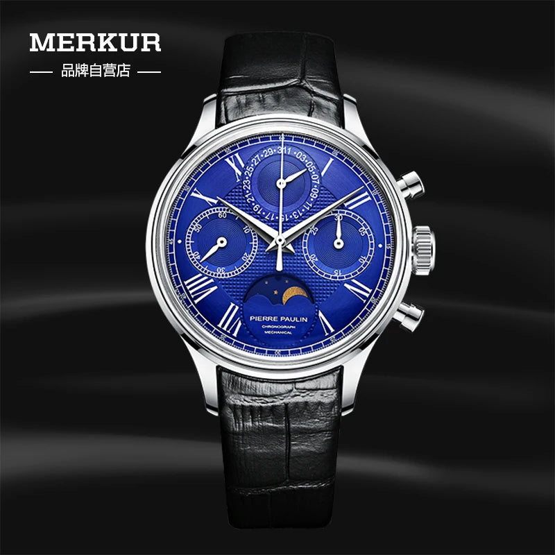 Relojes MERKUR con cronógrafo para hombre, reloj de lujo con fase lunar, cuerda a mano, reloj de pulsera mecánico, correa de Cuero Luminoso, resistente al agua ST19