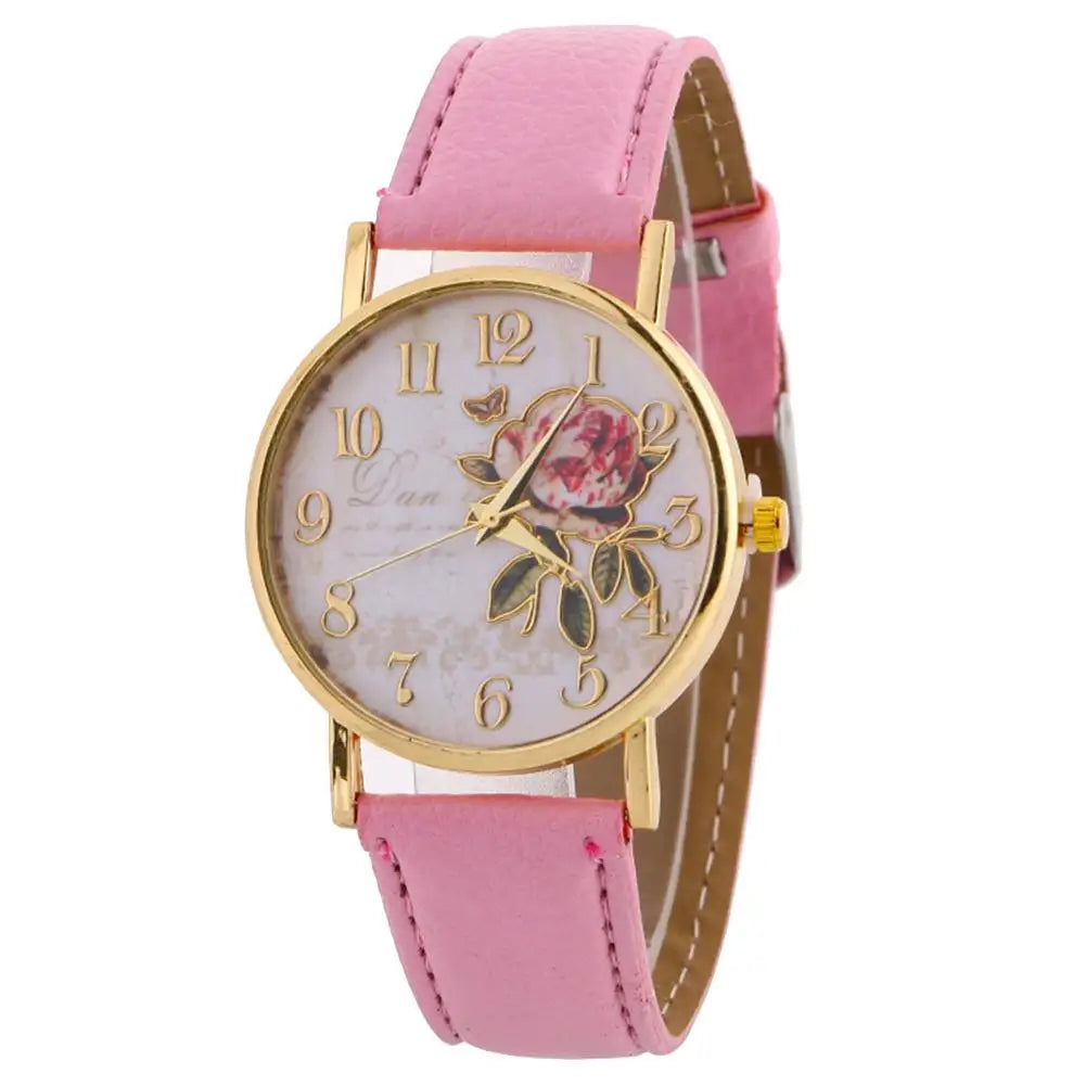 Reloj de pulsera de cuarzo con flor rosa y diámetro redondo para mujer, relojes elegantes con banda de piel sintética, número árabe, regalo de Navidad