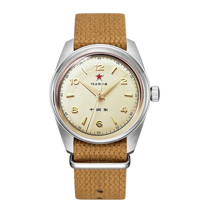 Relojes MERKUR Retro para hombre, reloj de lujo para hombre, reloj de pulsera mecánico de viento Manual de 38mm, reloj de pulsera clásico resistente al agua hasta 50M, Estrella Roja