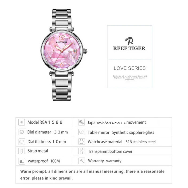 Reef Tiger relojes automáticos para mujer, reloj de pulsera mecánico de lujo para mujer, reloj de vestir para mujer, reloj de zafiro femenino RGA1584