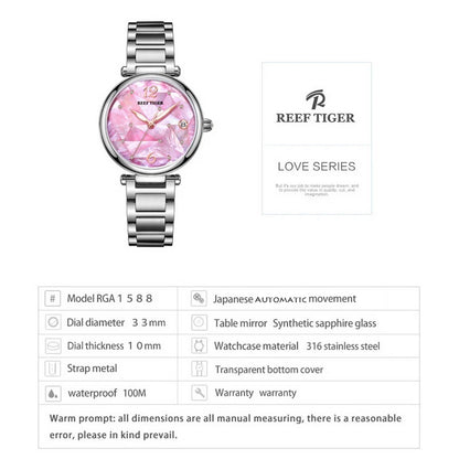 Reef Tiger relojes automáticos para mujer, reloj de pulsera mecánico de lujo para mujer, reloj de vestir para mujer, reloj de zafiro femenino RGA1584