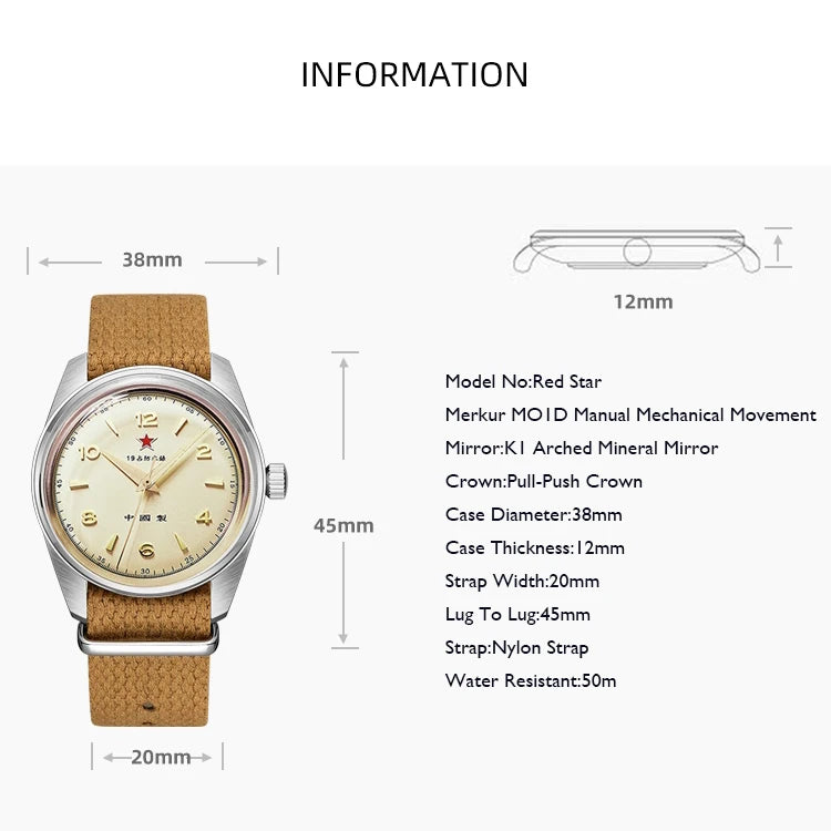 Relojes MERKUR Retro para hombre, reloj de lujo para hombre, reloj de pulsera mecánico de viento Manual de 38mm, reloj de pulsera clásico resistente al agua hasta 50M, Estrella Roja