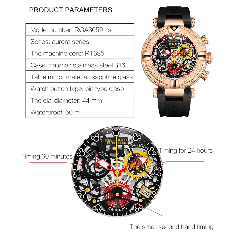 Reef Tiger-relojes cronógrafo para hombre, pulsera de cuarzo a la moda, resistente al agua 100m, esfera con mecanismo al descubierto, correa de goma, RGA3059-S