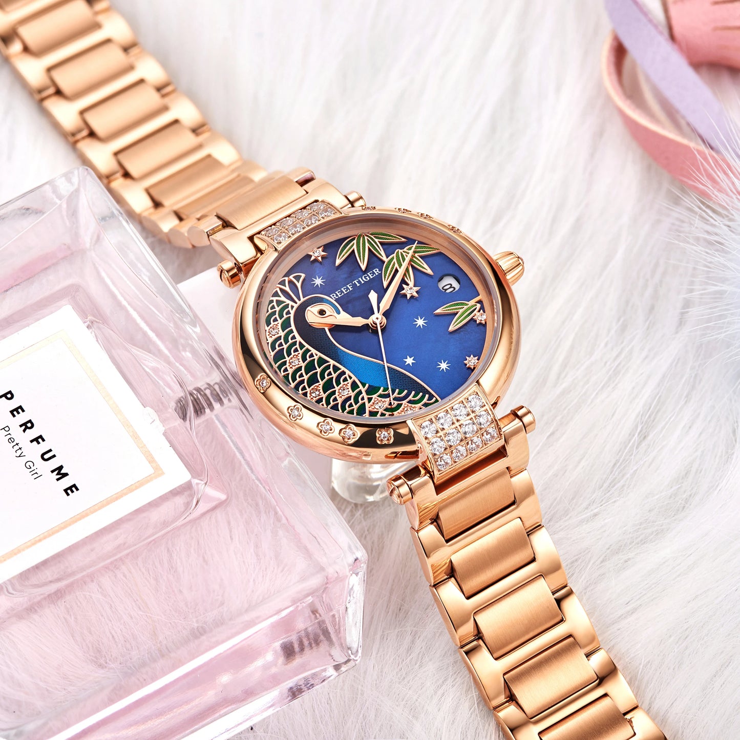 2020 nuevo Reef Tiger/RT marca superior elegante reloj automático para mujer fecha pulsera de oro rosa relojes RGA1587