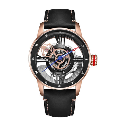 HANBORO Men Watch Luxury Mens Automatic Watches Waterproof Luminous Mechanical Wristwatch Double Side Hollow Out Leather Strap