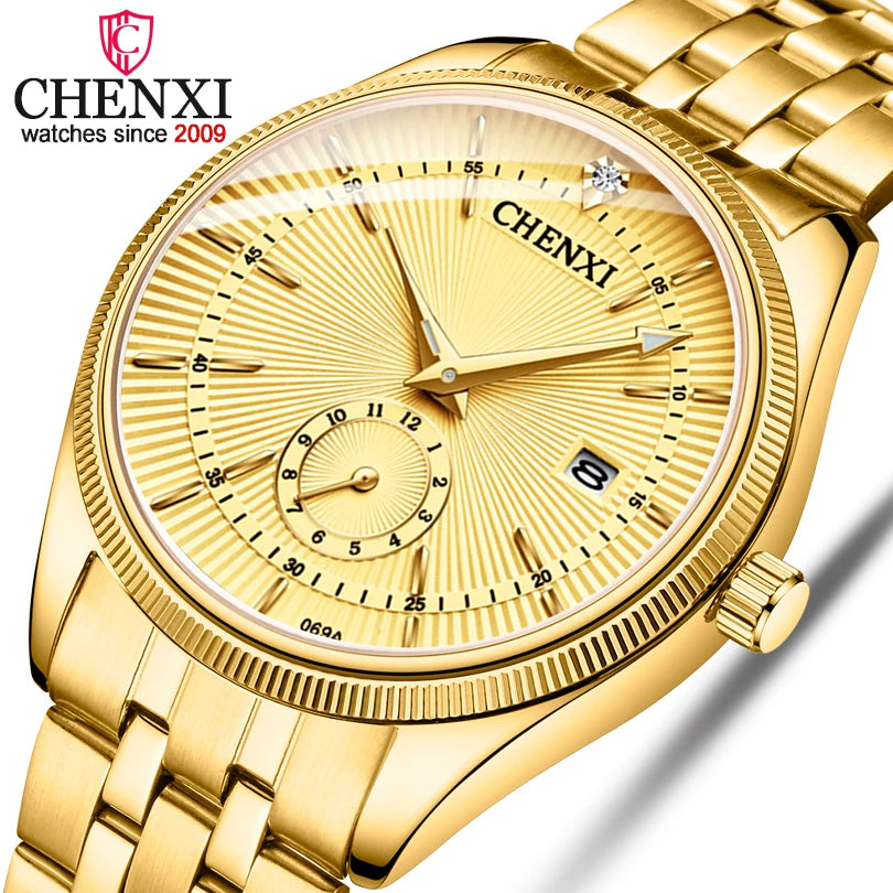 Marca CHENXI, relojes de cuarzo dorados con calendario, reloj de pulsera de lujo para hombre, reloj dorado con diamantes de imitación, reloj Masculino