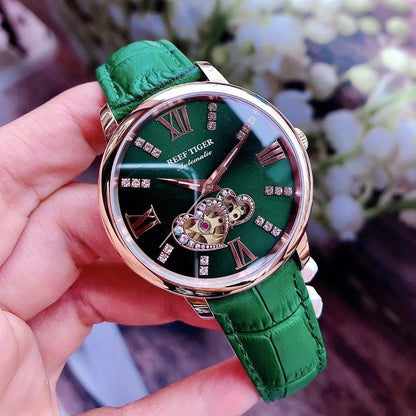 Reef Tiger/RT New Design Fashion Ladies Watch Rose Gold Green Dial Mechanical Watch Leather Band Montre Femme RGA1580