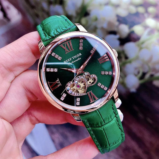 Reef Tiger/RT nuevo diseño moda reloj de mujer oro rosa esfera verde reloj mecánico banda de cuero Montre Femme RGA1580