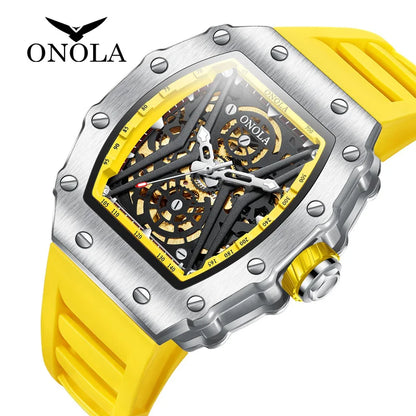 ONOLA, reloj de diseño Original, relojes mecánicos para hombre, reloj de esqueleto cuadrado luminoso informal de moda de lujo, reloj automático para hombre