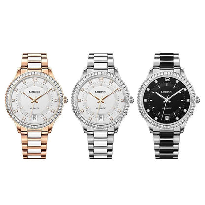 Reloj Automático LOBINNI para mujer, reloj de pulsera mecánico de lujo para mujer, reloj femenino de zafiro resistente al agua, correa de acero de cristal austriaco